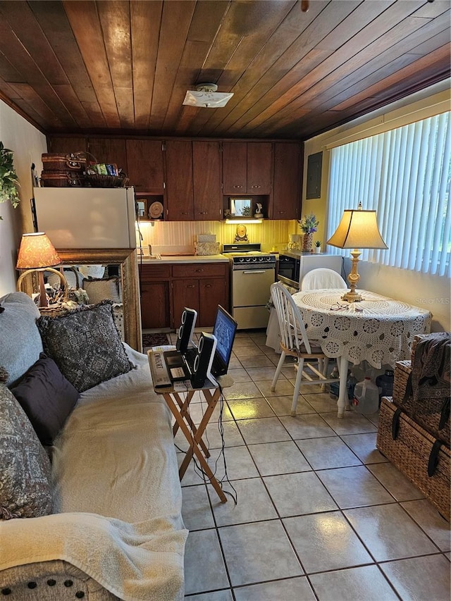 living room with wood ceiling and light tile patterned floors