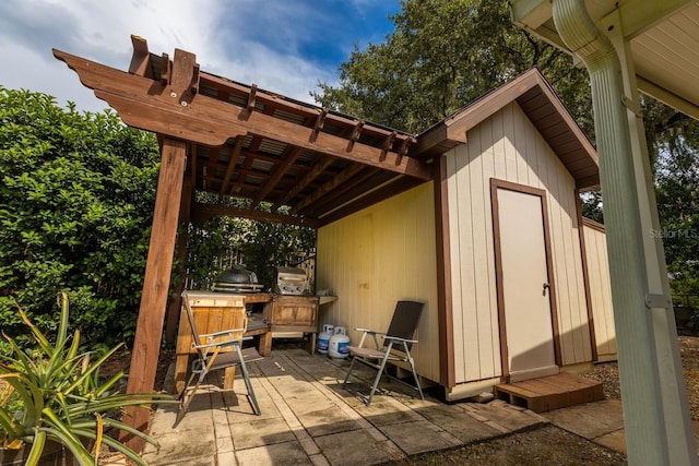 view of patio with a shed