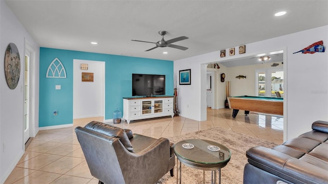 tiled living room featuring billiards and ceiling fan