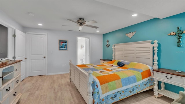 bedroom featuring light wood-type flooring and ceiling fan