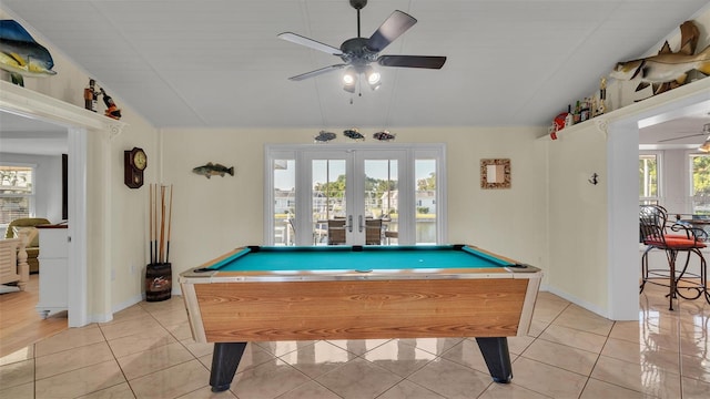 rec room with a healthy amount of sunlight, ceiling fan, and pool table