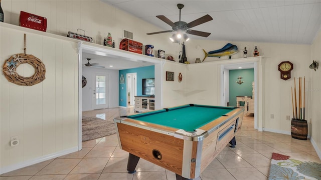 recreation room with billiards, ceiling fan, light tile patterned floors, and vaulted ceiling