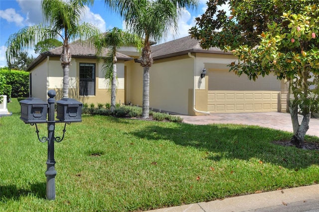 view of front of house with a garage and a front lawn