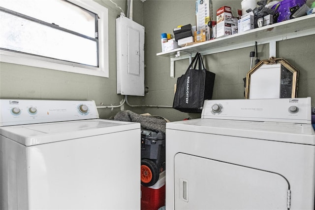 washroom with electric panel and washing machine and clothes dryer