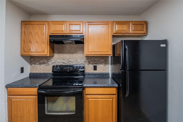 kitchen featuring ventilation hood, black appliances, backsplash, and a textured ceiling