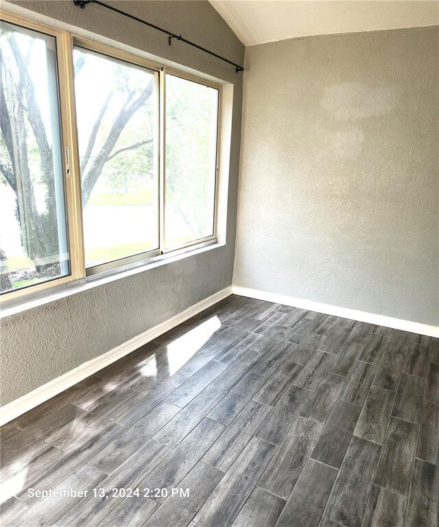 unfurnished room with lofted ceiling and dark hardwood / wood-style flooring