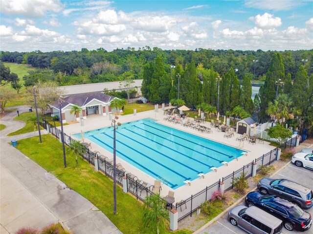 view of pool with a patio area and a yard