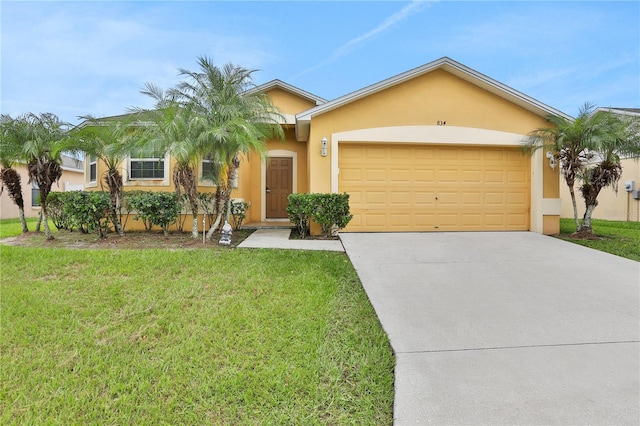 ranch-style house with a garage, stucco siding, concrete driveway, and a front lawn