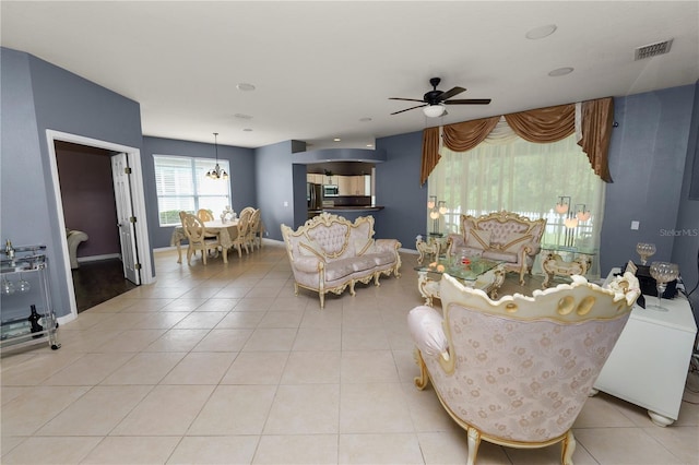 living room featuring ceiling fan