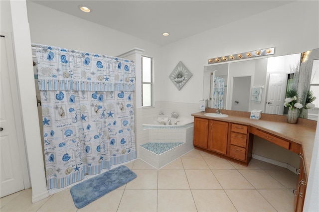 bathroom featuring vanity, tile patterned floors, and plus walk in shower