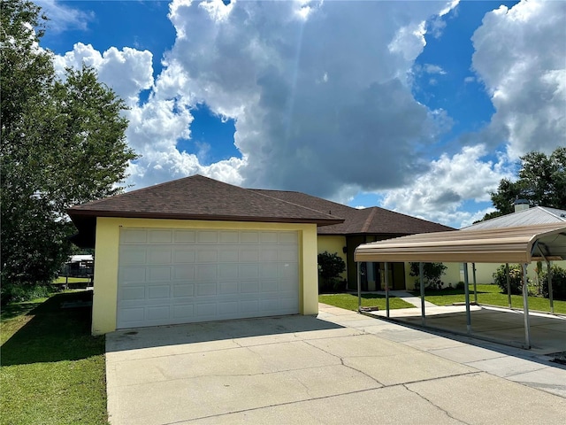 view of front of property featuring a front yard, roof with shingles, and stucco siding