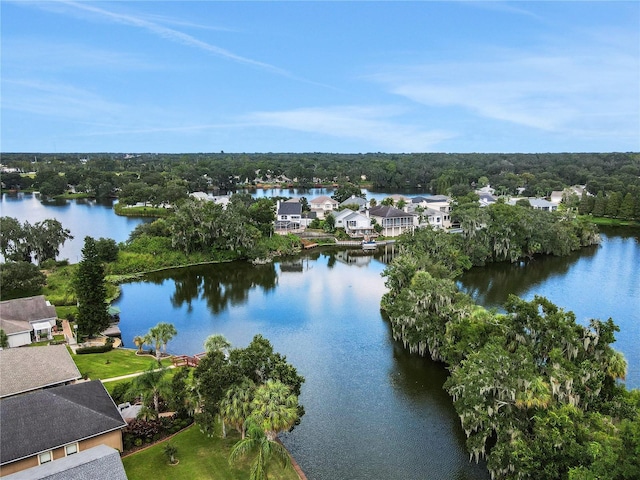 drone / aerial view featuring a water view