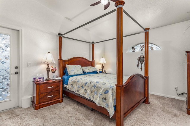 bedroom with light carpet, multiple windows, and ceiling fan