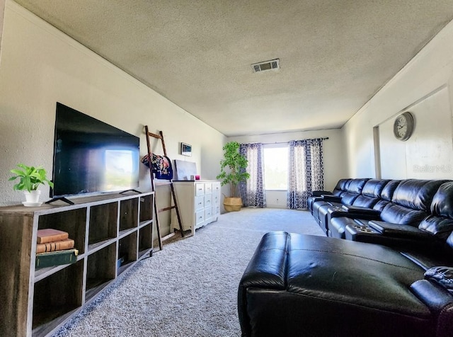 carpeted living room featuring a textured ceiling