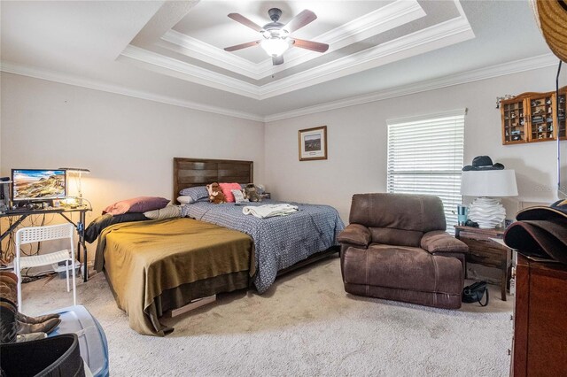 bedroom featuring ornamental molding, a tray ceiling, ceiling fan, and carpet floors