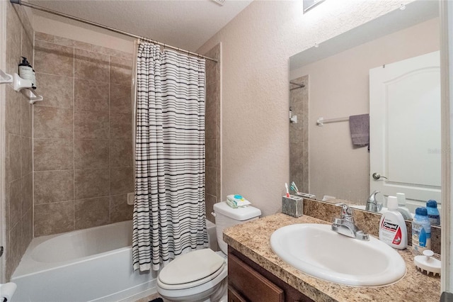 full bathroom featuring shower / bath combination with curtain, toilet, a textured ceiling, and vanity