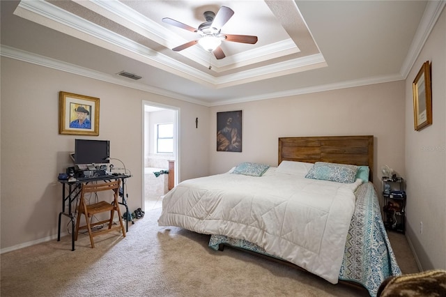 bedroom with baseboards, visible vents, a raised ceiling, crown molding, and carpet flooring