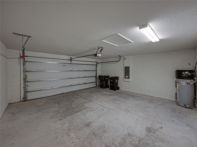 garage with water heater, a garage door opener, and electric panel