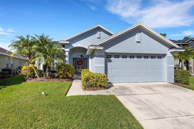 view of front of property with a garage, central air condition unit, and a front yard