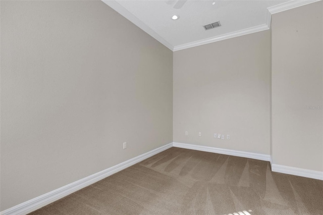 empty room featuring carpet, ornamental molding, and ceiling fan