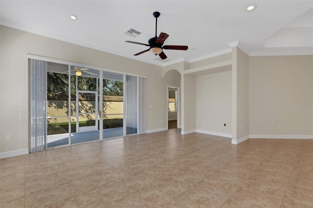 unfurnished room with ornamental molding, ceiling fan, and light tile patterned floors