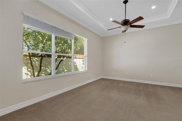 carpeted spare room with a tray ceiling, ceiling fan, and a wealth of natural light