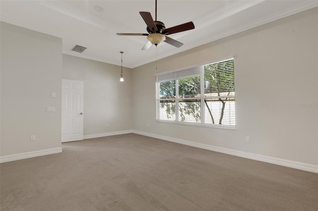 carpeted spare room with ceiling fan and crown molding