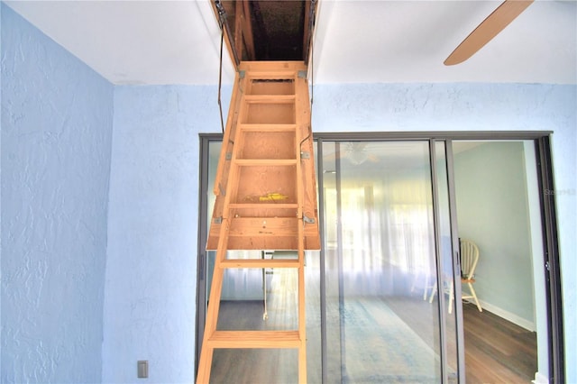 stairs with hardwood / wood-style floors and ceiling fan