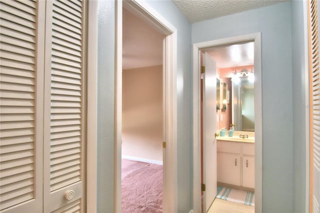 hall featuring light carpet, a textured ceiling, and sink