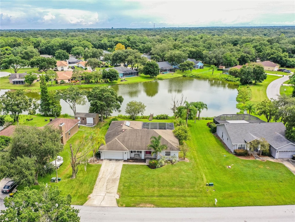 drone / aerial view featuring a water view