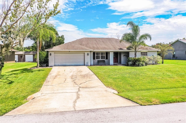 single story home with a garage and a front lawn