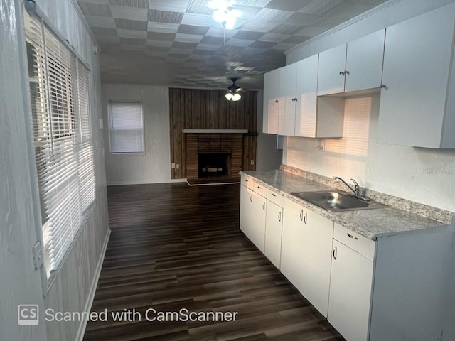 kitchen featuring dark wood-type flooring, ceiling fan, sink, and white cabinets