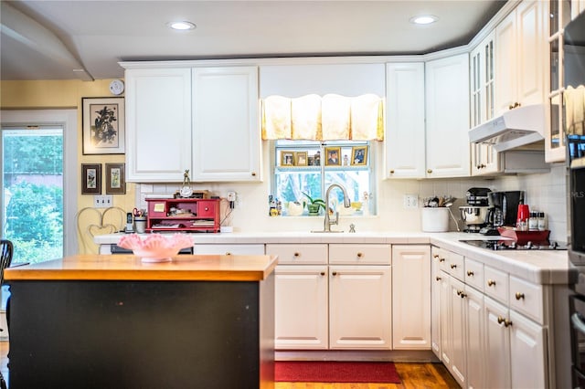 kitchen featuring backsplash, white cabinets, and ventilation hood