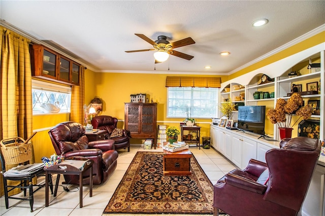 tiled living room with a textured ceiling, ceiling fan, crown molding, and built in features