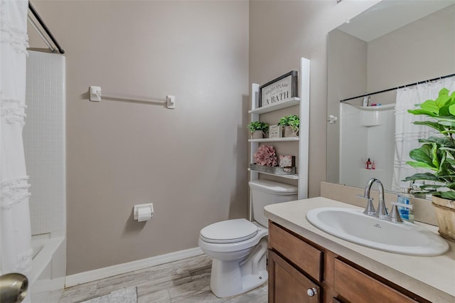 full bathroom featuring wood-type flooring, vanity, toilet, and shower / bath combo