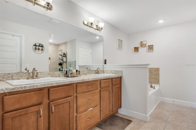 bathroom featuring vanity, separate shower and tub, and tile patterned floors