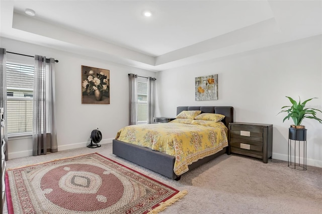 bedroom featuring a raised ceiling and carpet