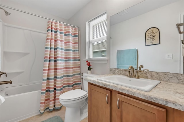 full bathroom featuring shower / tub combo with curtain, tile patterned flooring, vanity, and toilet