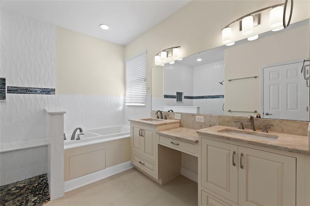 bathroom with vanity, separate shower and tub, and tile patterned flooring