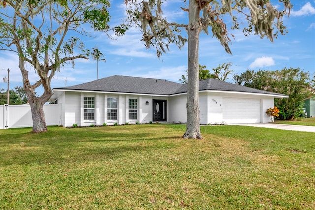 ranch-style house with a front lawn and a garage