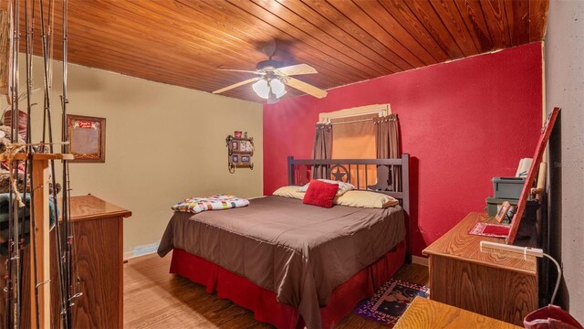 bedroom with wood-type flooring, ceiling fan, and wooden ceiling