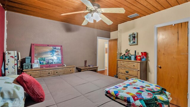 bedroom with ceiling fan and wood ceiling