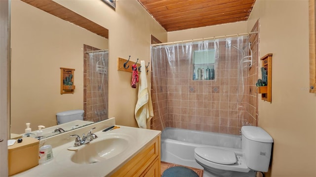 full bathroom featuring vanity, wood ceiling, toilet, and shower / tub combo with curtain