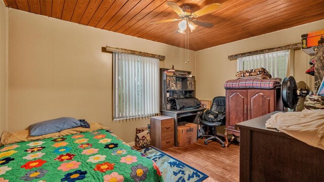 bedroom with wooden ceiling, light hardwood / wood-style floors, and ceiling fan