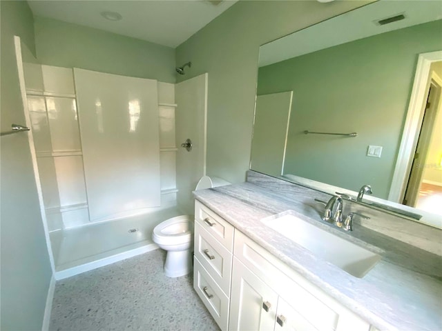 bathroom with toilet, speckled floor, vanity, visible vents, and walk in shower