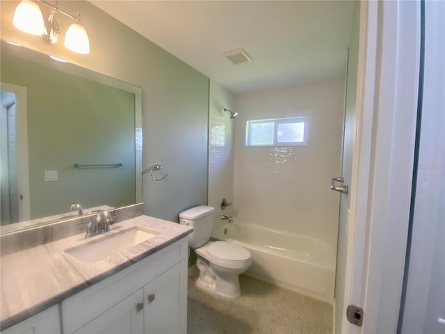 full bathroom featuring toilet, bathing tub / shower combination, visible vents, and vanity