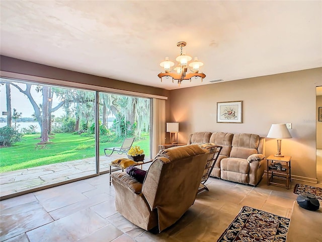 living room featuring a chandelier