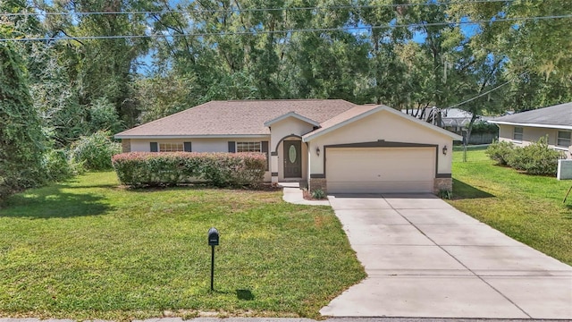 ranch-style home with a front yard, cooling unit, and a garage