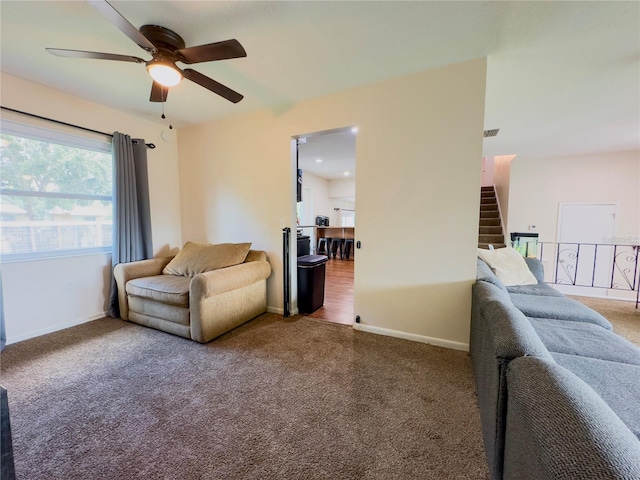 interior space featuring ceiling fan