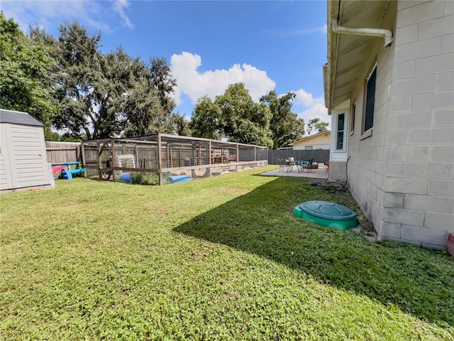 view of yard with a storage unit and a patio area